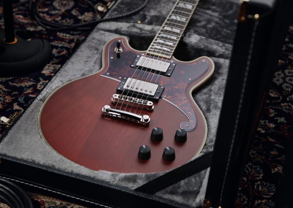a d'angelico guitar in an open hardcase