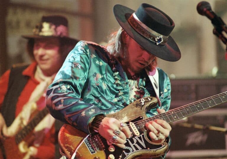Stevie Ray Vaughan playing his fender stratocaster guitar